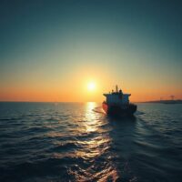 Oil tanker sailing through the Strait of Hormuz at sunset