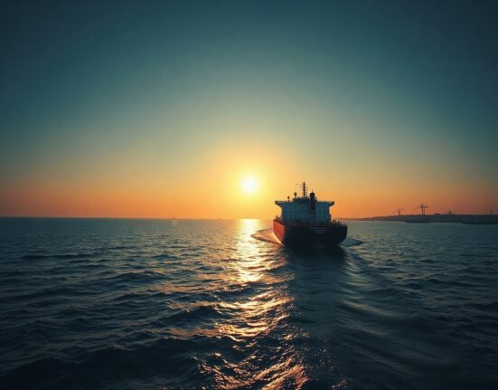 Oil tanker sailing through the Strait of Hormuz at sunset