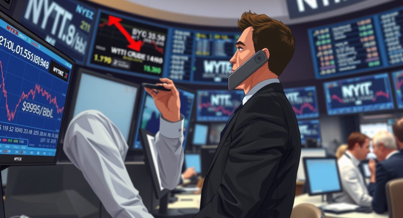 Energy trader monitors WTI crude oil price drop after Trump postpones Iran strikes