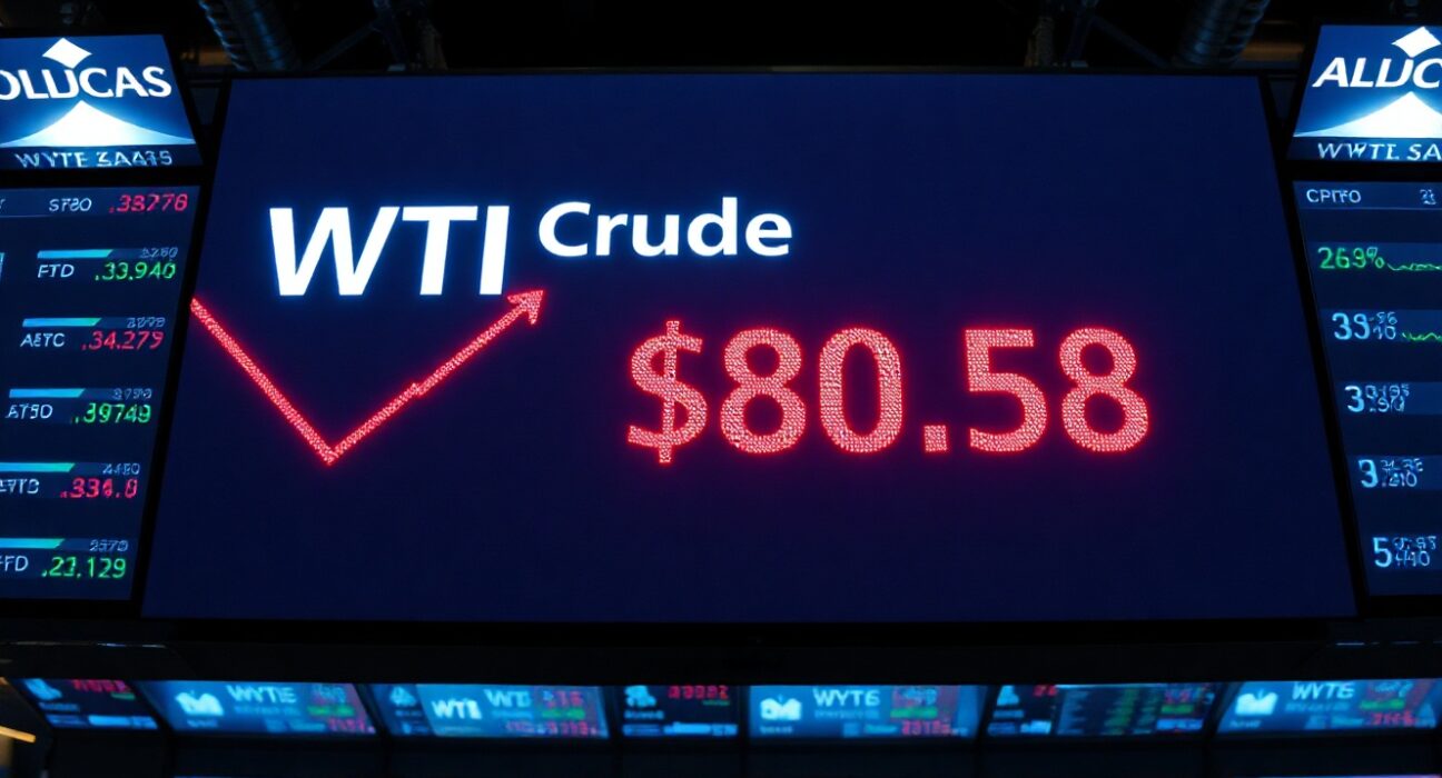 Digital trading board showing WTI crude oil price at $80.58 with a red downward arrow.