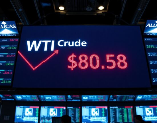 Digital trading board showing WTI crude oil price at $80.58 with a red downward arrow.