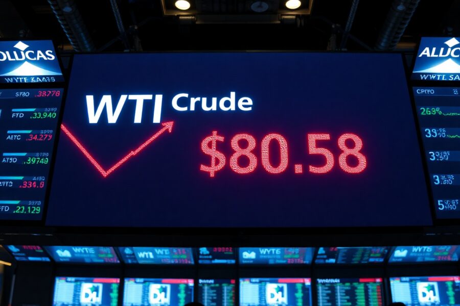 Digital trading board showing WTI crude oil price at $80.58 with a red downward arrow.