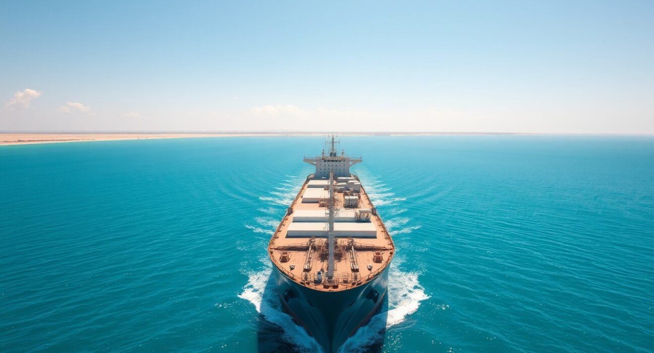 Large oil tanker navigating the Strait of Hormuz under clear skies, representing crude oil supply routes and geopolitical risk.
