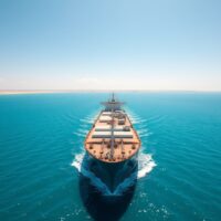 Large oil tanker navigating the Strait of Hormuz under clear skies, representing crude oil supply routes and geopolitical risk.