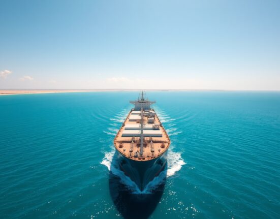 Large oil tanker navigating the Strait of Hormuz under clear skies, representing crude oil supply routes and geopolitical risk.