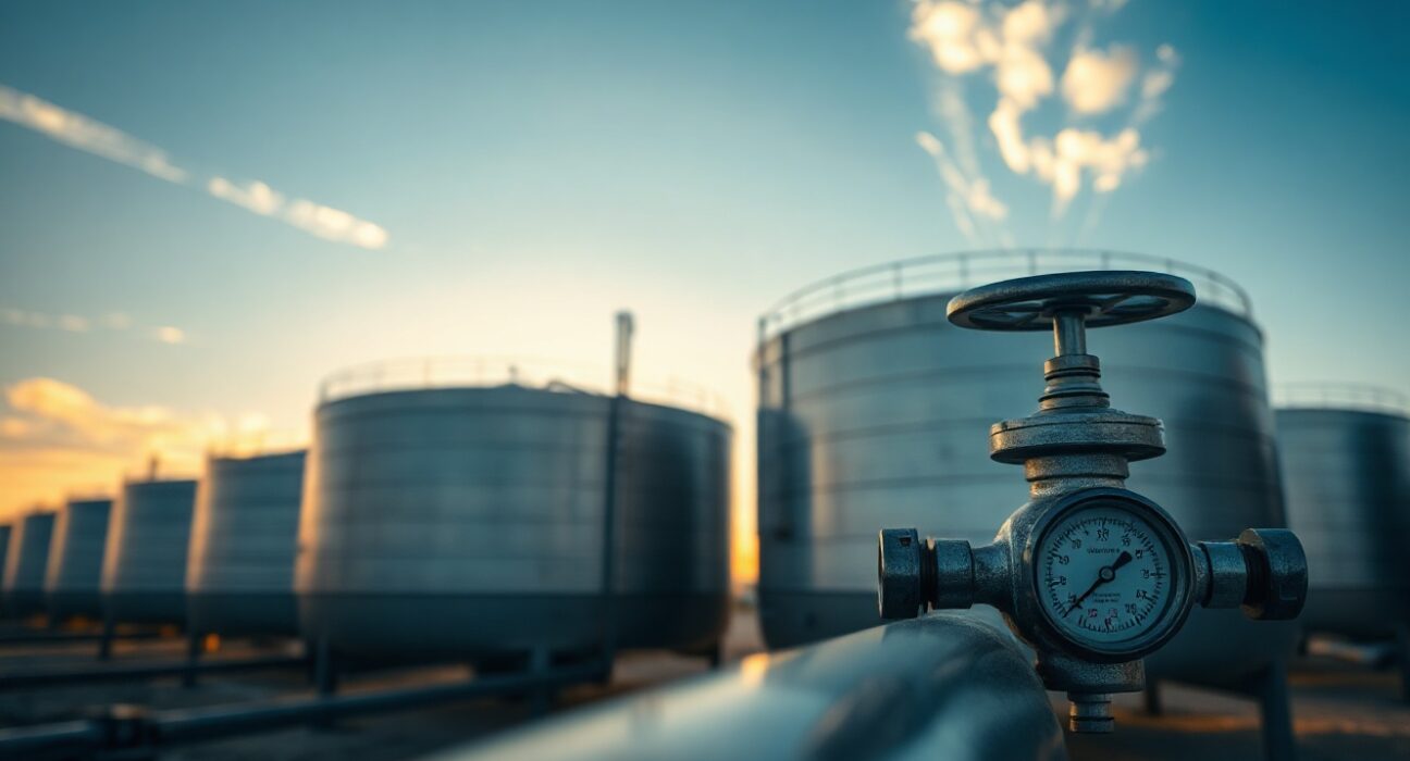 Oil storage tanks at a terminal under a clear sky, representing stable crude oil supply and falling WTI prices.