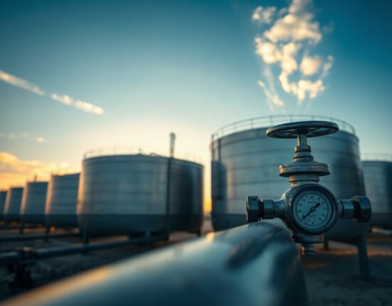 Oil storage tanks at a terminal under a clear sky, representing stable crude oil supply and falling WTI prices.