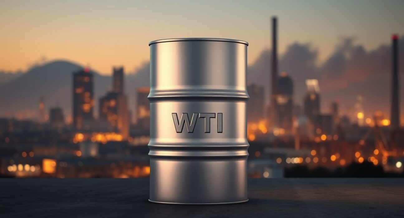 WTI crude oil barrel against a city skyline at dusk, representing energy commodity trading and oil price analysis.