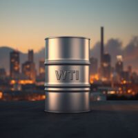 WTI crude oil barrel against a city skyline at dusk, representing energy commodity trading and oil price analysis.