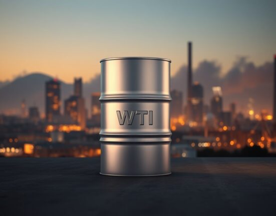 WTI crude oil barrel against a city skyline at dusk, representing energy commodity trading and oil price analysis.