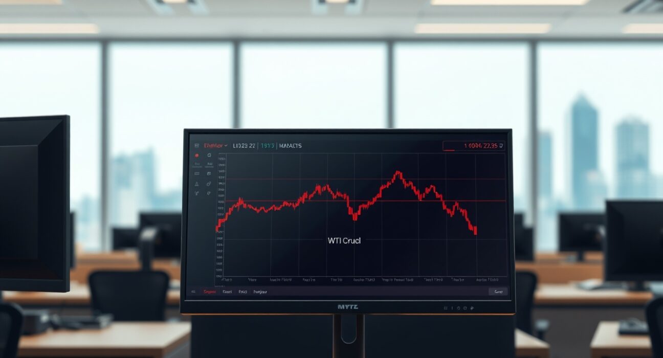 Analysis of WTI crude oil price decline on a financial trading monitor despite geopolitical tensions.