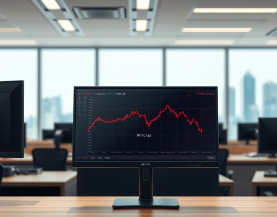 Analysis of WTI crude oil price decline on a financial trading monitor despite geopolitical tensions.