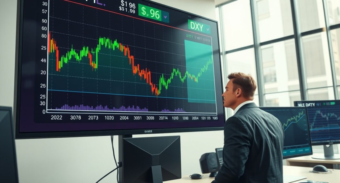 Trader analyzes WTI crude oil price drop to $96 and rising US Dollar Index on market data screens.
