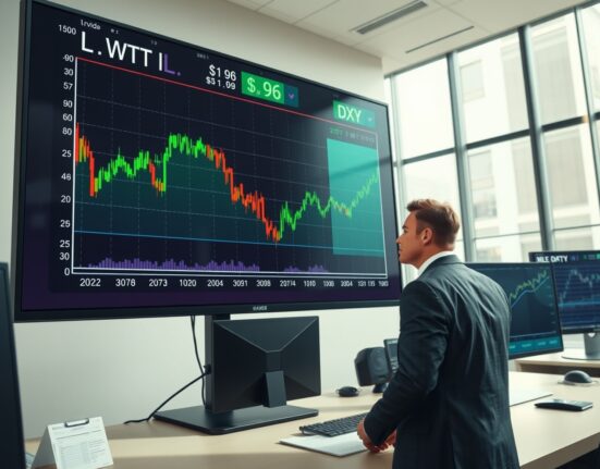 Trader analyzes WTI crude oil price drop to $96 and rising US Dollar Index on market data screens.