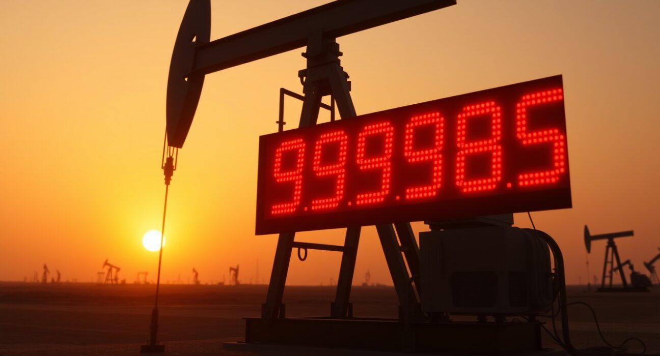 Oil pumpjack at sunset with WTI crude oil price display showing near $100 per barrel.