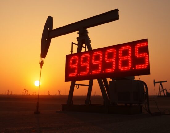 Oil pumpjack at sunset with WTI crude oil price display showing near $100 per barrel.