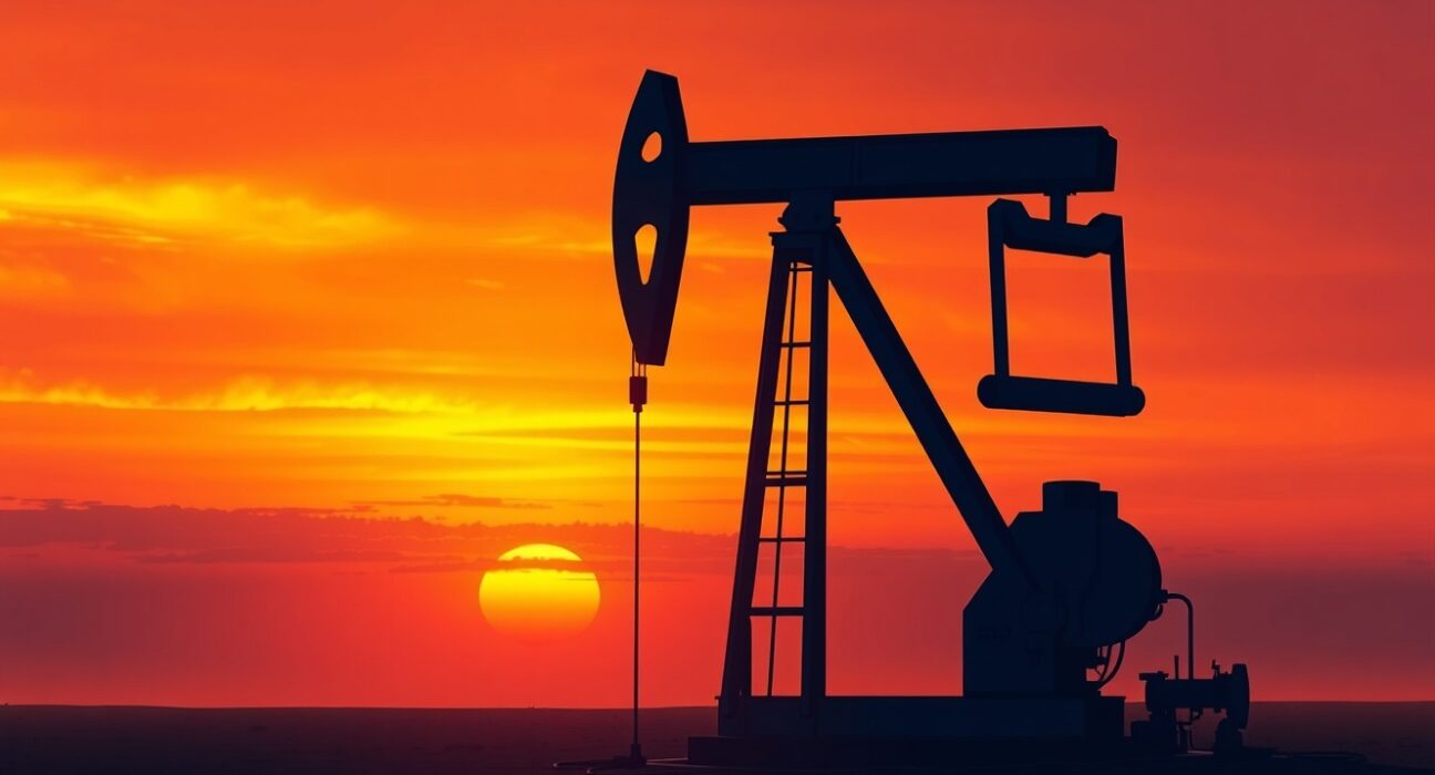 Oil pumpjack silhouetted at sunset representing WTI crude oil price analysis