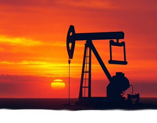Oil pumpjack silhouetted at sunset representing WTI crude oil price analysis