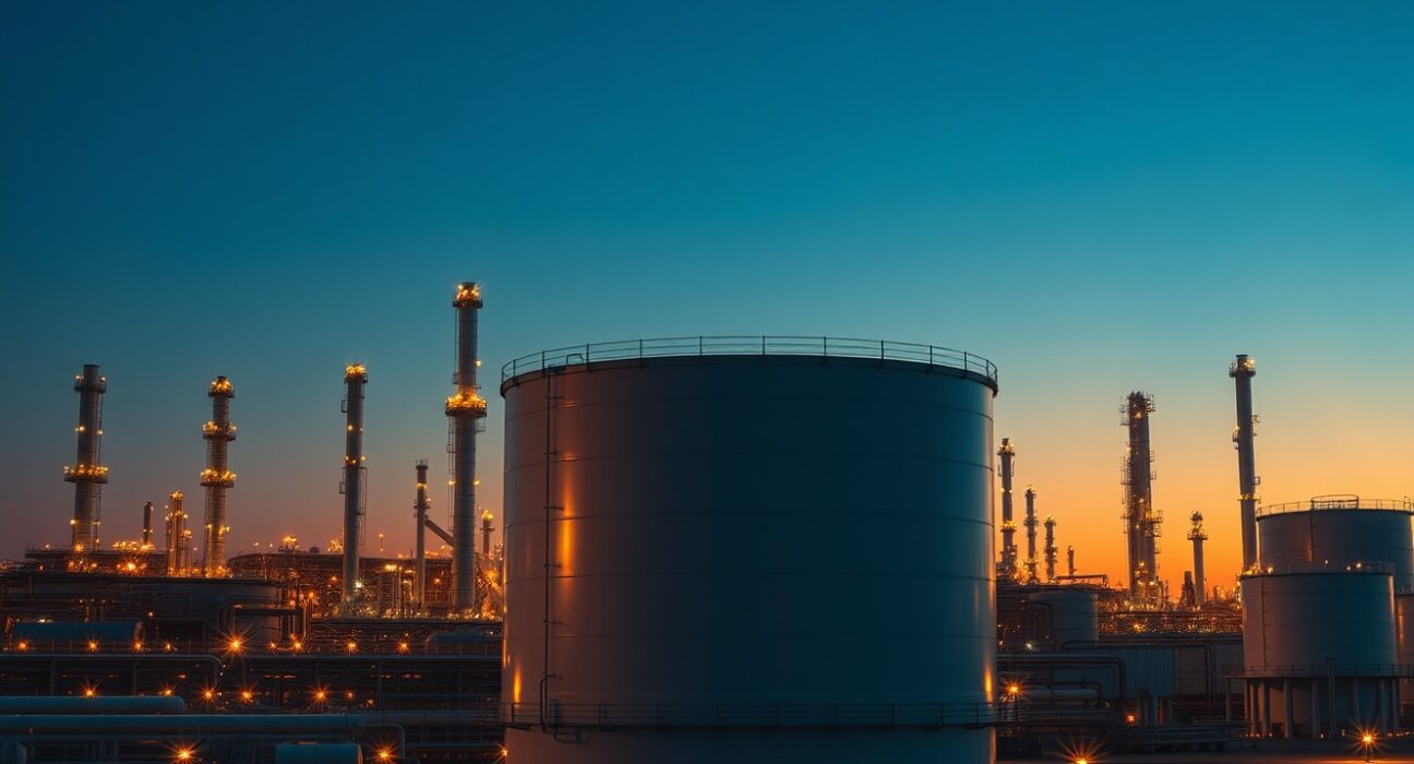 Oil refinery storage tank representing WTI crude oil supply and market analysis.