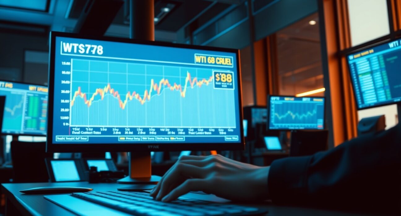 WTI crude oil price chart on a trading screen showing market uncertainty during US-Iran negotiations.