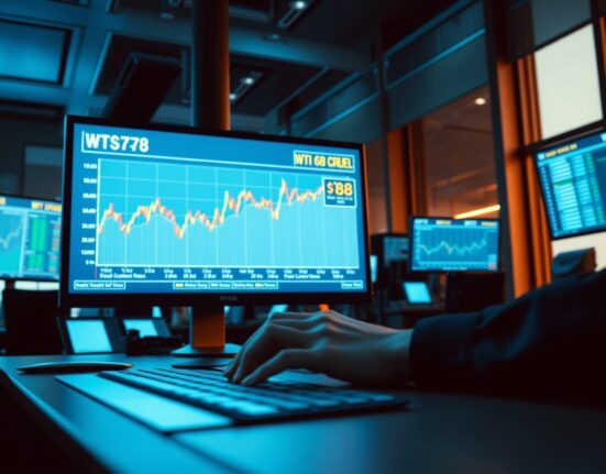 WTI crude oil price chart on a trading screen showing market uncertainty during US-Iran negotiations.