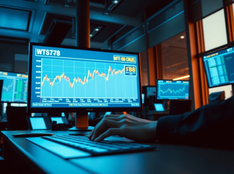 WTI crude oil price chart on a trading screen showing market uncertainty during US-Iran negotiations.