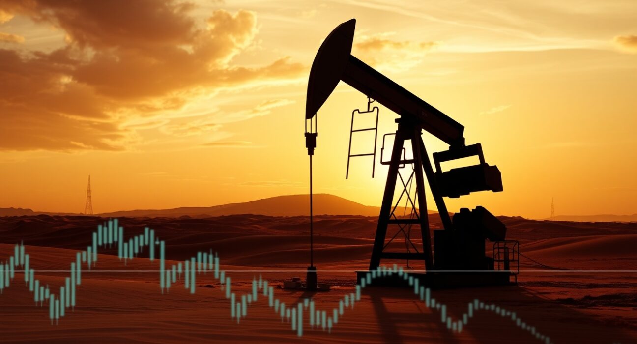 Oil pumpjack silhouette at sunset representing crude oil supply and geopolitical risk
