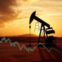 Oil pumpjack silhouette at sunset representing crude oil supply and geopolitical risk