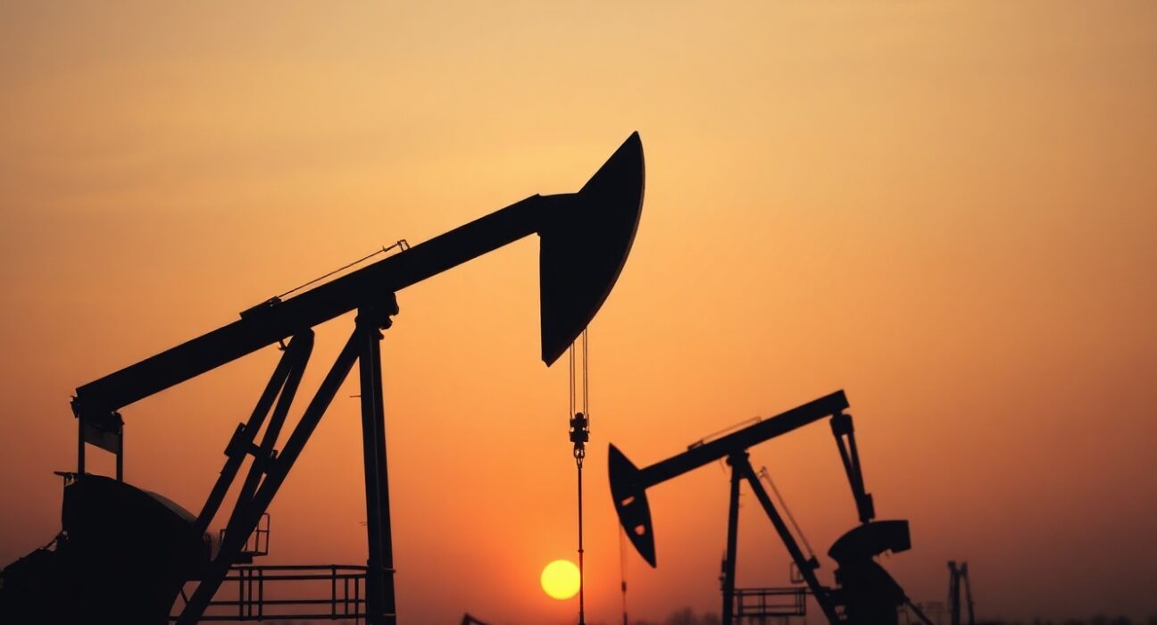 Crude oil pumpjack against muted sunset sky representing WTI price near March lows