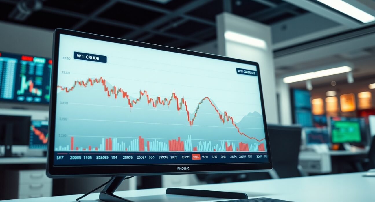 WTI crude oil price chart declining on a trading desk monitor amid Middle East conflict news.