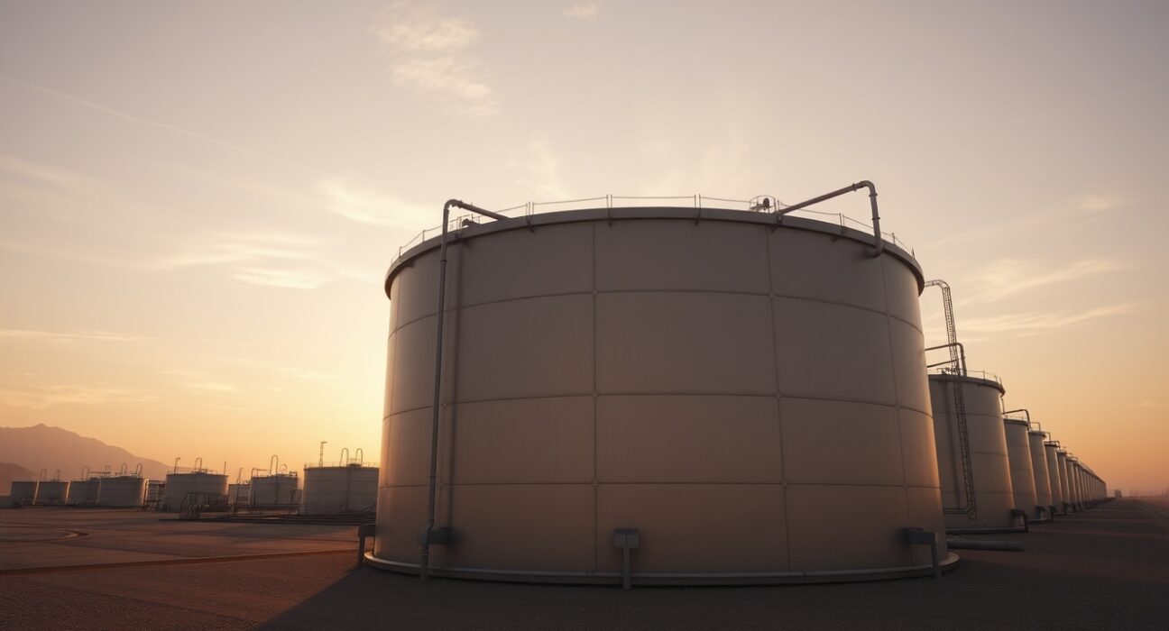 Wide-angle view of crude oil storage tanks at a refinery during golden hour, representing oil supply and pricing dynamics.