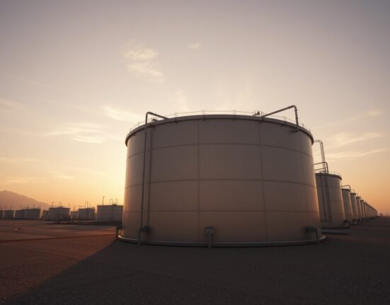 Wide-angle view of crude oil storage tanks at a refinery during golden hour, representing oil supply and pricing dynamics.