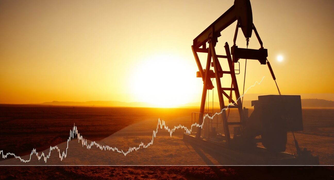 Oil pumpjack silhouette at sunset with financial chart overlay showing rising WTI crude oil price.