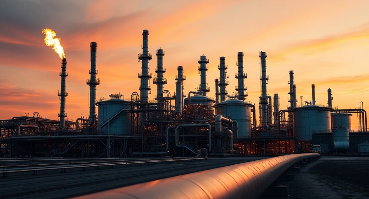 Oil refinery at dusk with flaring stacks against an orange sky, representing WTI supply concerns.