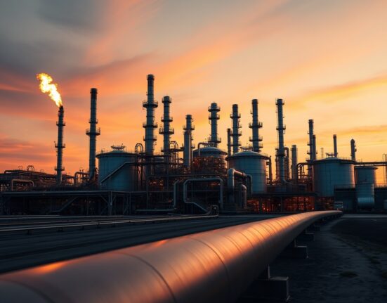 Oil refinery at dusk with flaring stacks against an orange sky, representing WTI supply concerns.