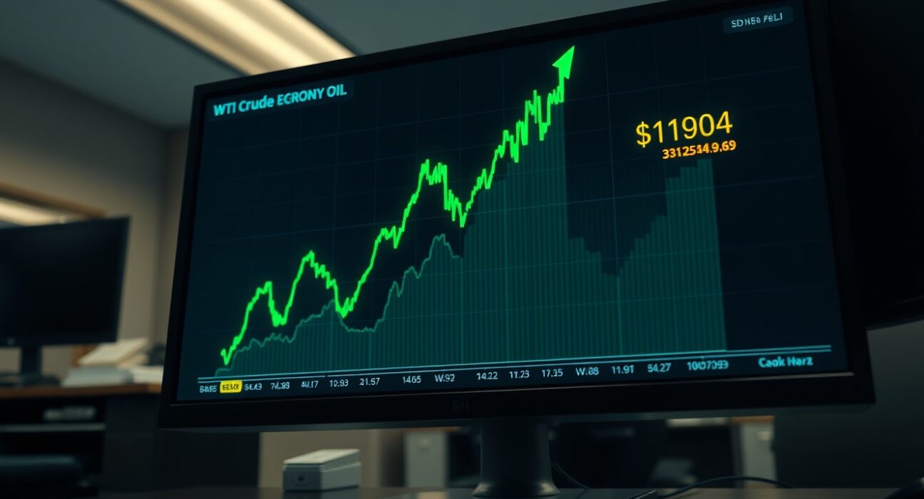 WTI crude oil price graph showing a dramatic 10% intraday surge to $109 per barrel on a trading terminal.