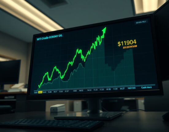 WTI crude oil price graph showing a dramatic 10% intraday surge to $109 per barrel on a trading terminal.