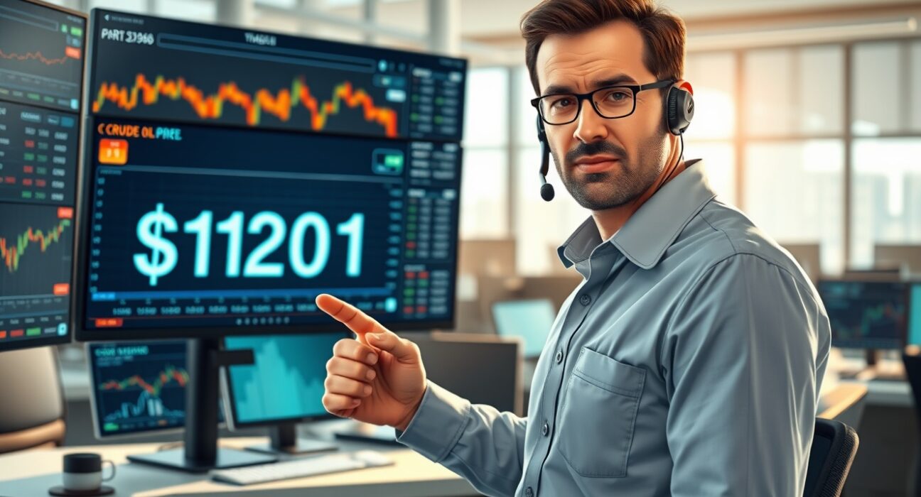 Trader monitoring WTI crude oil price surge to $112 per barrel on financial market screens