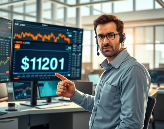 Trader monitoring WTI crude oil price surge to $112 per barrel on financial market screens