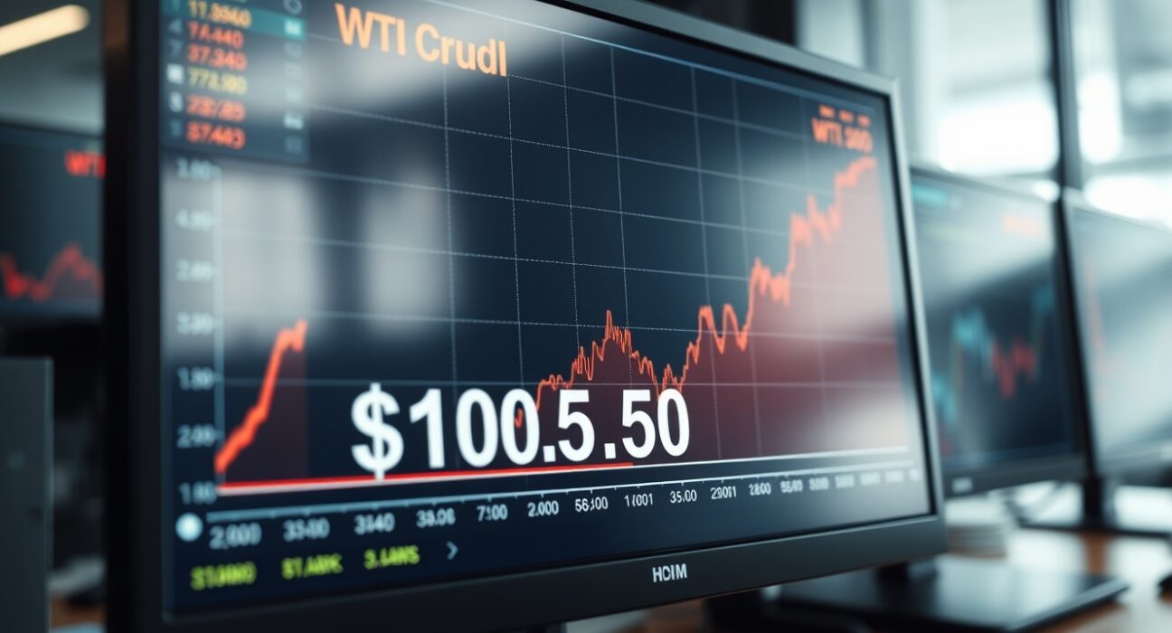 WTI crude oil price chart surging above $100.50 on trading terminal during Middle East supply crisis