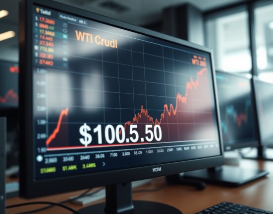 WTI crude oil price chart surging above $100.50 on trading terminal during Middle East supply crisis