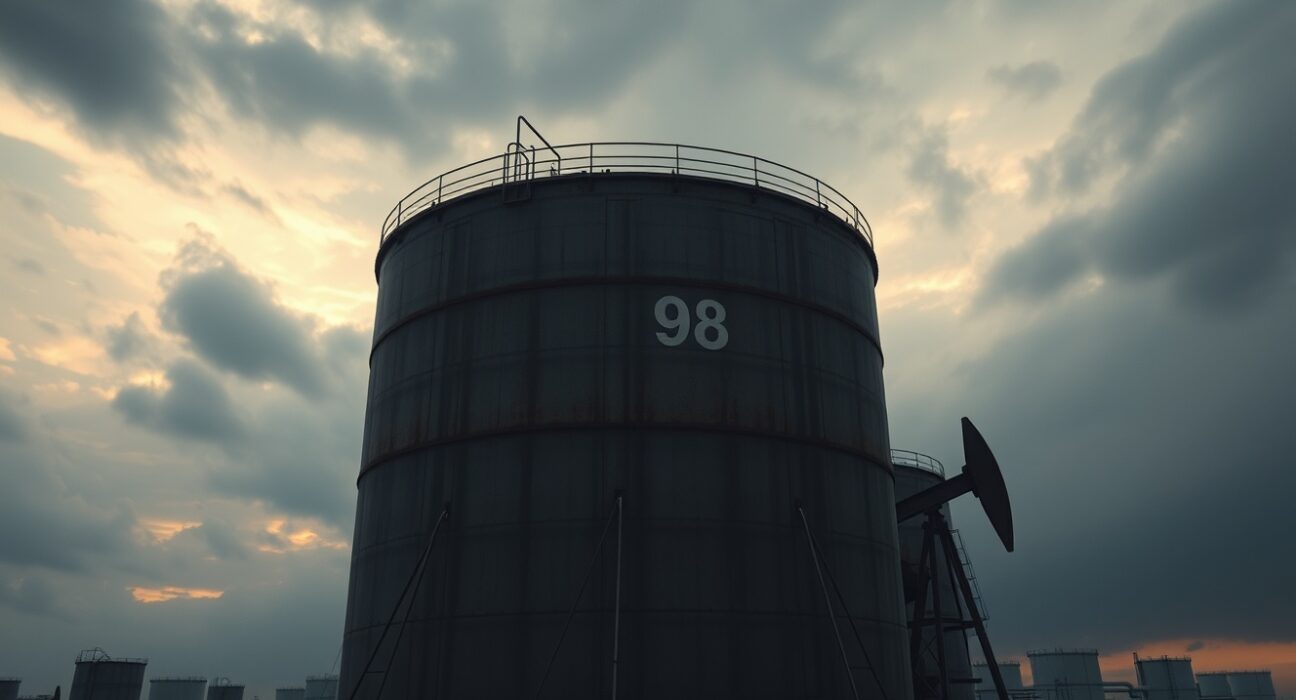 WTI crude oil price surge to near $98.00 due to escalating global supply risks, with oil storage tanks under a dark sky