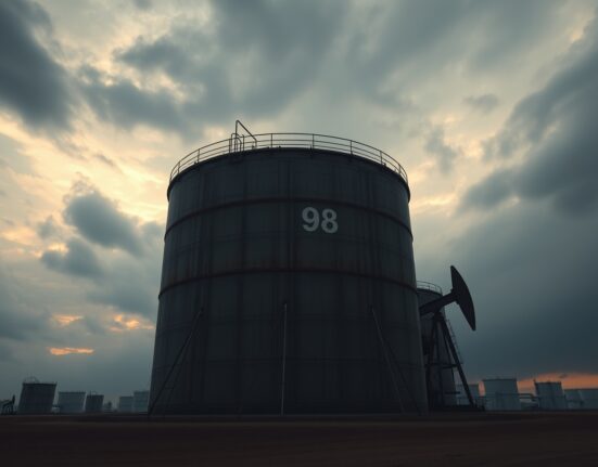 WTI crude oil price surge to near $98.00 due to escalating global supply risks, with oil storage tanks under a dark sky