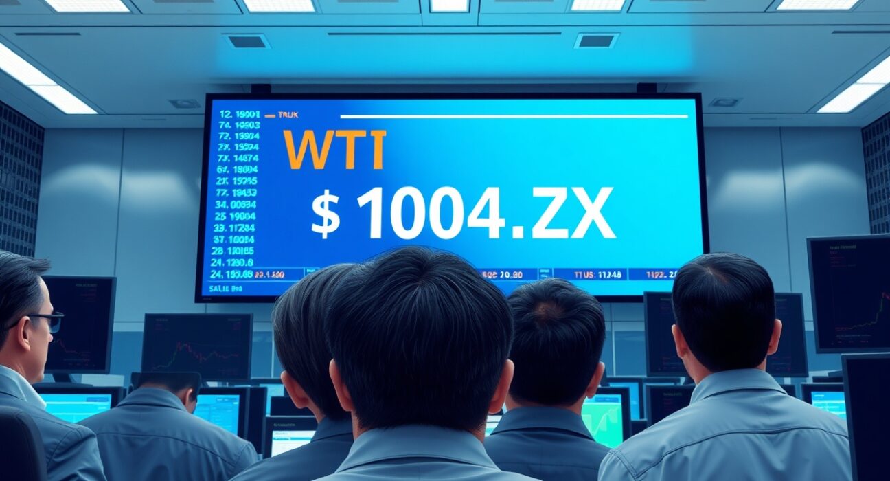 WTI crude oil price surge displayed on a financial trading board during market volatility.