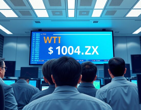 WTI crude oil price surge displayed on a financial trading board during market volatility.