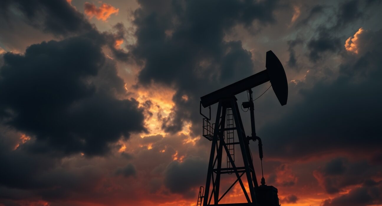 Oil pumpjack silhouette against dramatic sunset sky, representing rising crude oil prices amid geopolitical tensions.