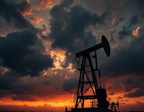 Oil pumpjack silhouette against dramatic sunset sky, representing rising crude oil prices amid geopolitical tensions.
