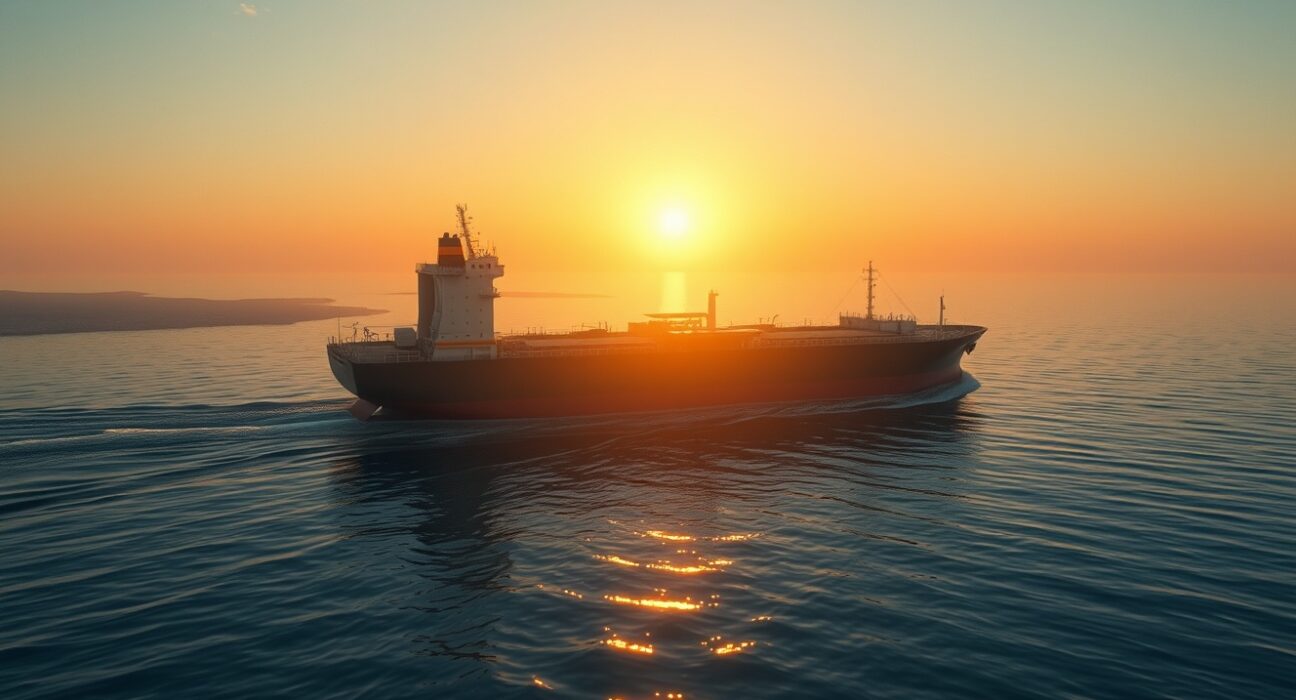 WTI crude oil tanker navigating Strait of Hormuz at dawn, representing geopolitical risk driving oil price recovery above $98