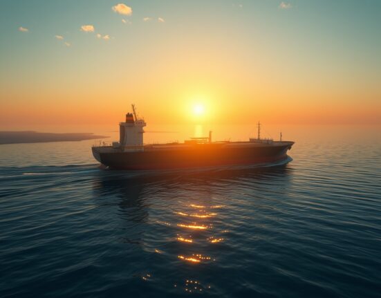 WTI crude oil tanker navigating Strait of Hormuz at dawn, representing geopolitical risk driving oil price recovery above $98