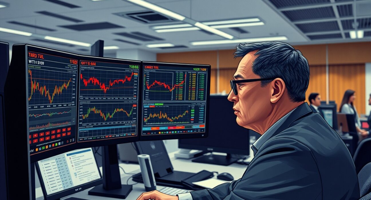 Commodities trader monitoring WTI crude oil price recovery amid supply risks on trading floor